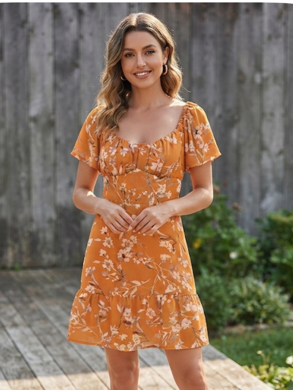Dynamite Floral Square-Neck Mini Dress in Mustard size Medium